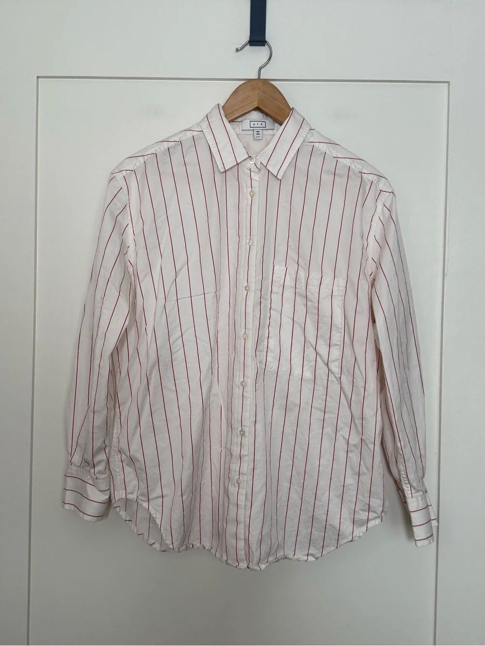 AYR Shirt Womens Sz S White Red Striped Oversized Button Up Long Sleeve Cotton